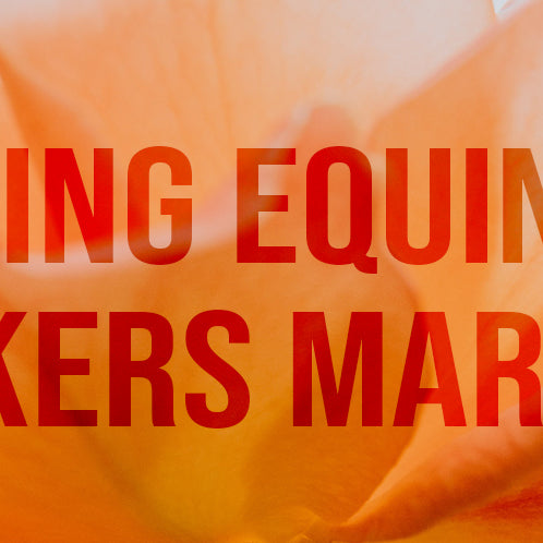 Spring Equinox Makers Market text over translucent orange rose petals