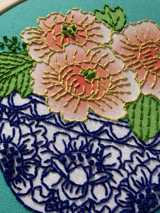 Peony Embroidery Kit, close-up of finished project