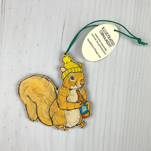 Beer Squirrel- 3.5" Wooden Ornament