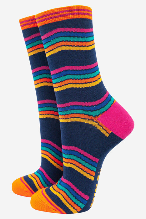 Rainbow Stripe Bamboo Socks in Navy Blue Multi