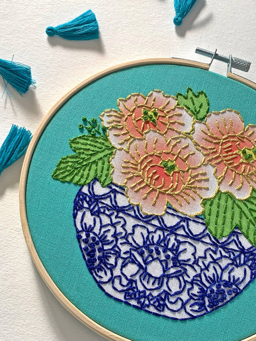 Peony Embroidery Kit, close-up of finished project