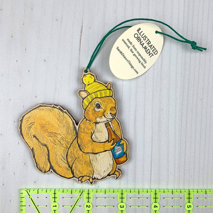 Beer Squirrel- 3.5" Wooden Ornament